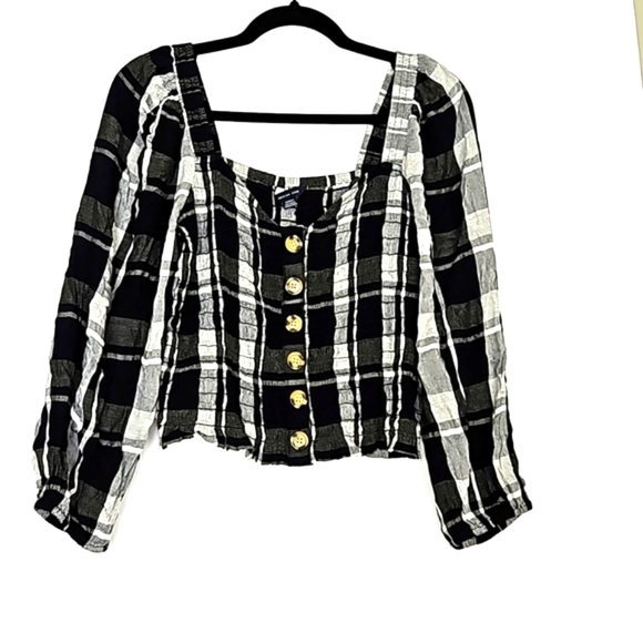 American Eagle Outfitters Women's Black Plaid Smocked Crop Top Size Medium - Picture 3 of 10